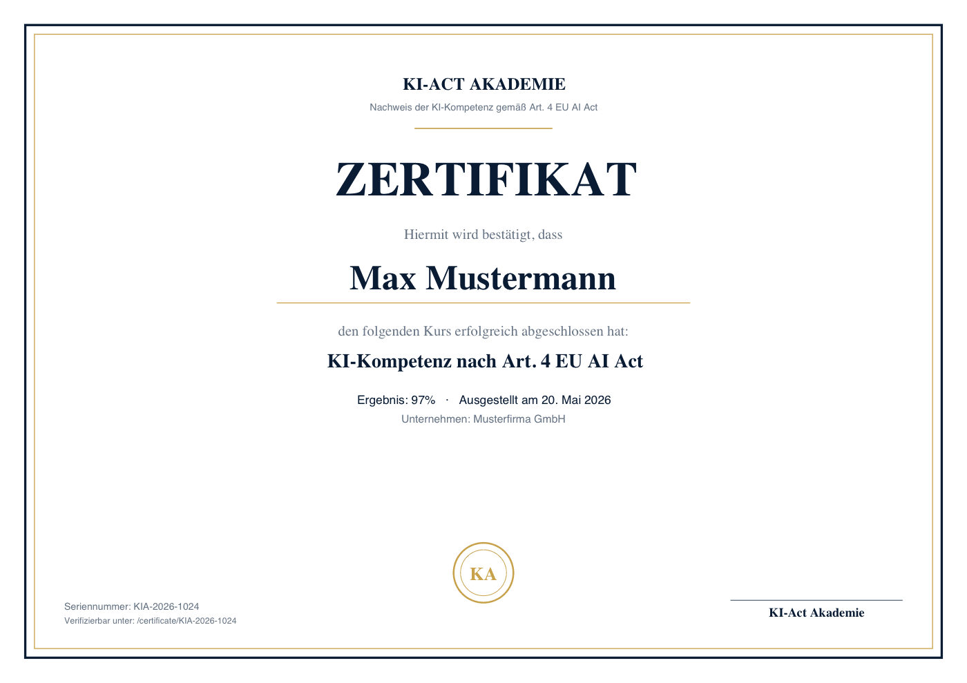 Beispiel-Zertifikat der KI-Act Akademie